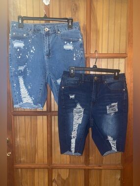 2 for $13 Distressed Mid-Length Women’s Jean Shorts - Blue